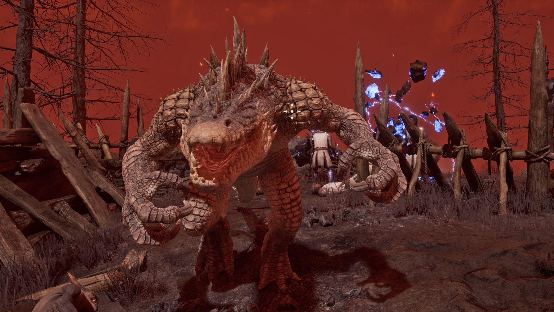The Elder Scrolls 4: Oblivion Remastered screenshot with a scaled Daedra charging at players while Kvatch guards battle more demons in the background