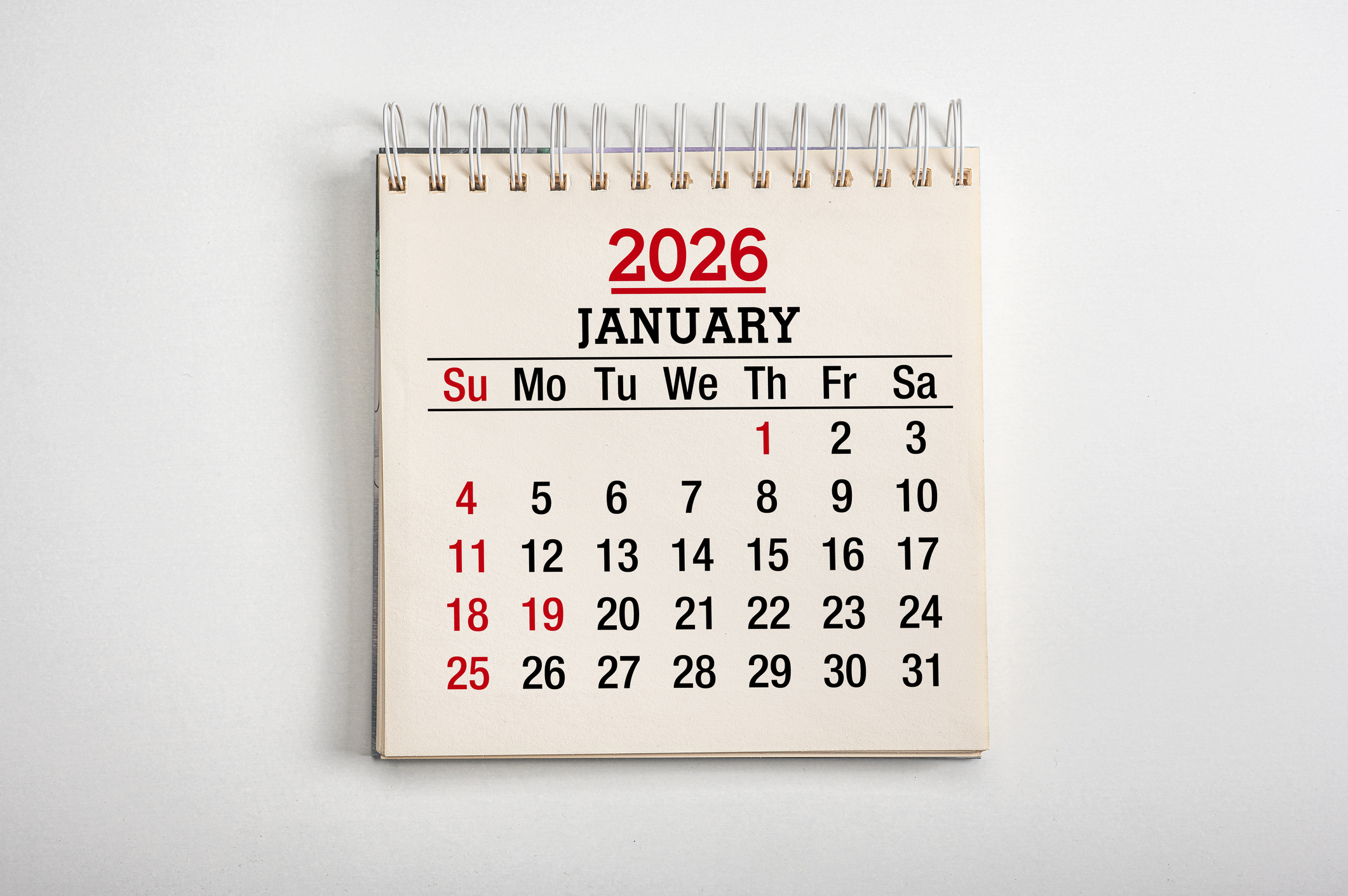 January 2026. January 2026 calendar page. January 2026 calendar on desk, theme of New Year resolutions and a fresh start, planning schedule for the beginning of the year.