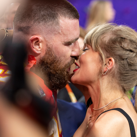 Travis Kelce #87 of the Kansas City Chiefs and Taylor Swift kiss following the NFL Super Bowl 58 football game between the San Francisco 49ers and the Kansas City Chiefs at Allegiant Stadium
