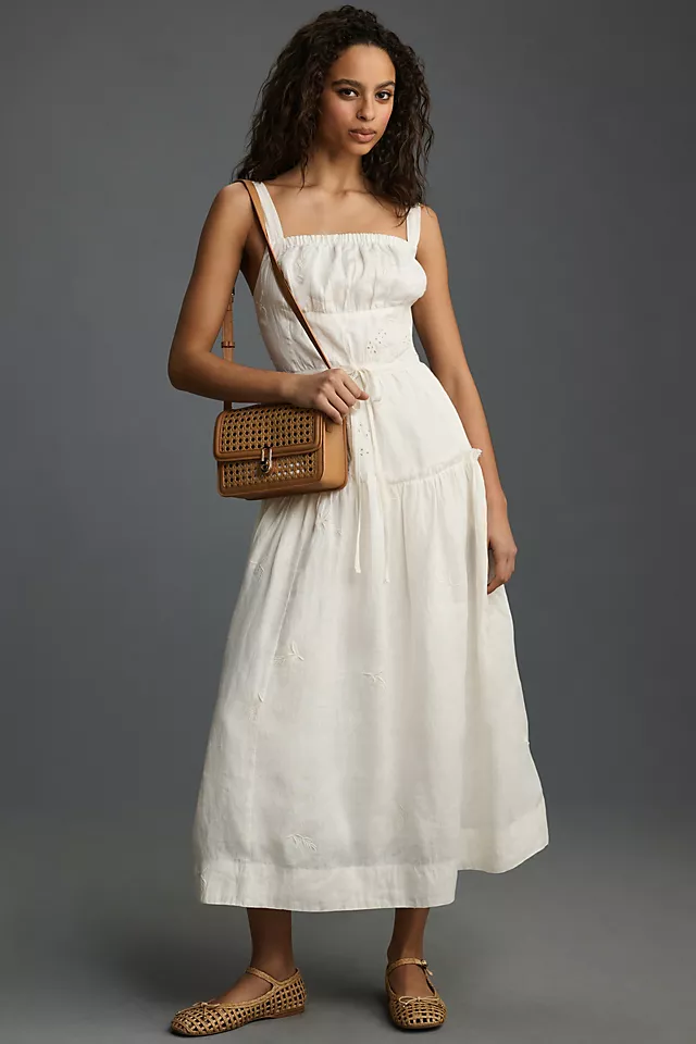 By Anthropologie Linen Square-Neck Midi Dress