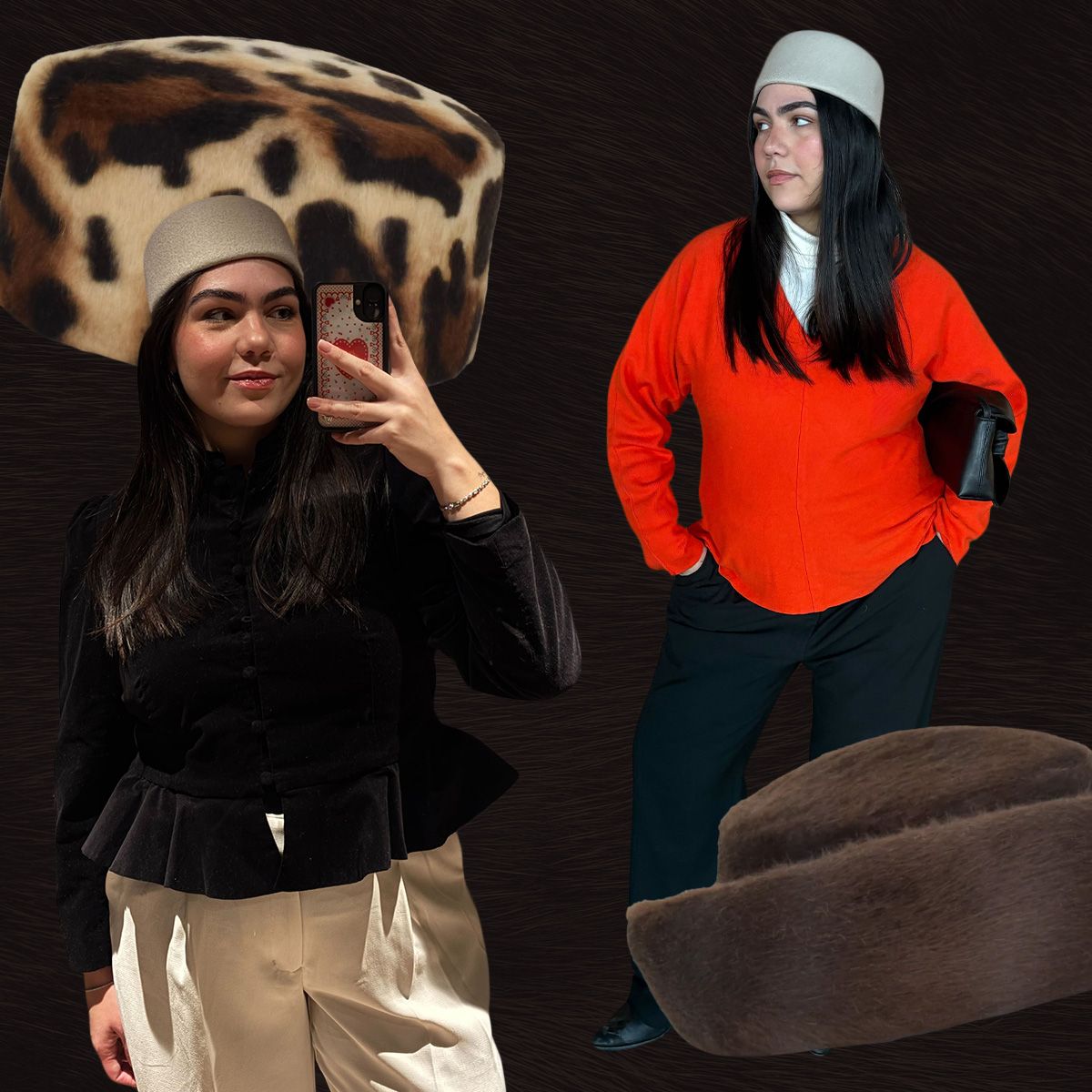 Collage photos of Who What Wear editor Ana Escalante wearing a Gigi Burris pillbox hat.