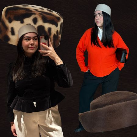 Collage photos ofBest Knockoff Luxury Clothing
 editor Ana Escalante wearing a Gigi Burris pillbox hat.