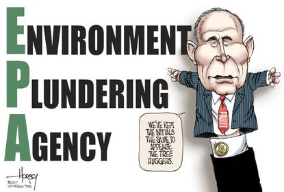 Political cartoon U.S. Trump puppet EPA Scott Pruitt oil lobby