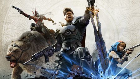 Key art for Highguard showing Kai riding a bear, Atticus with the Shieldbreaker, and Scarlet, crouched, aiming down sights