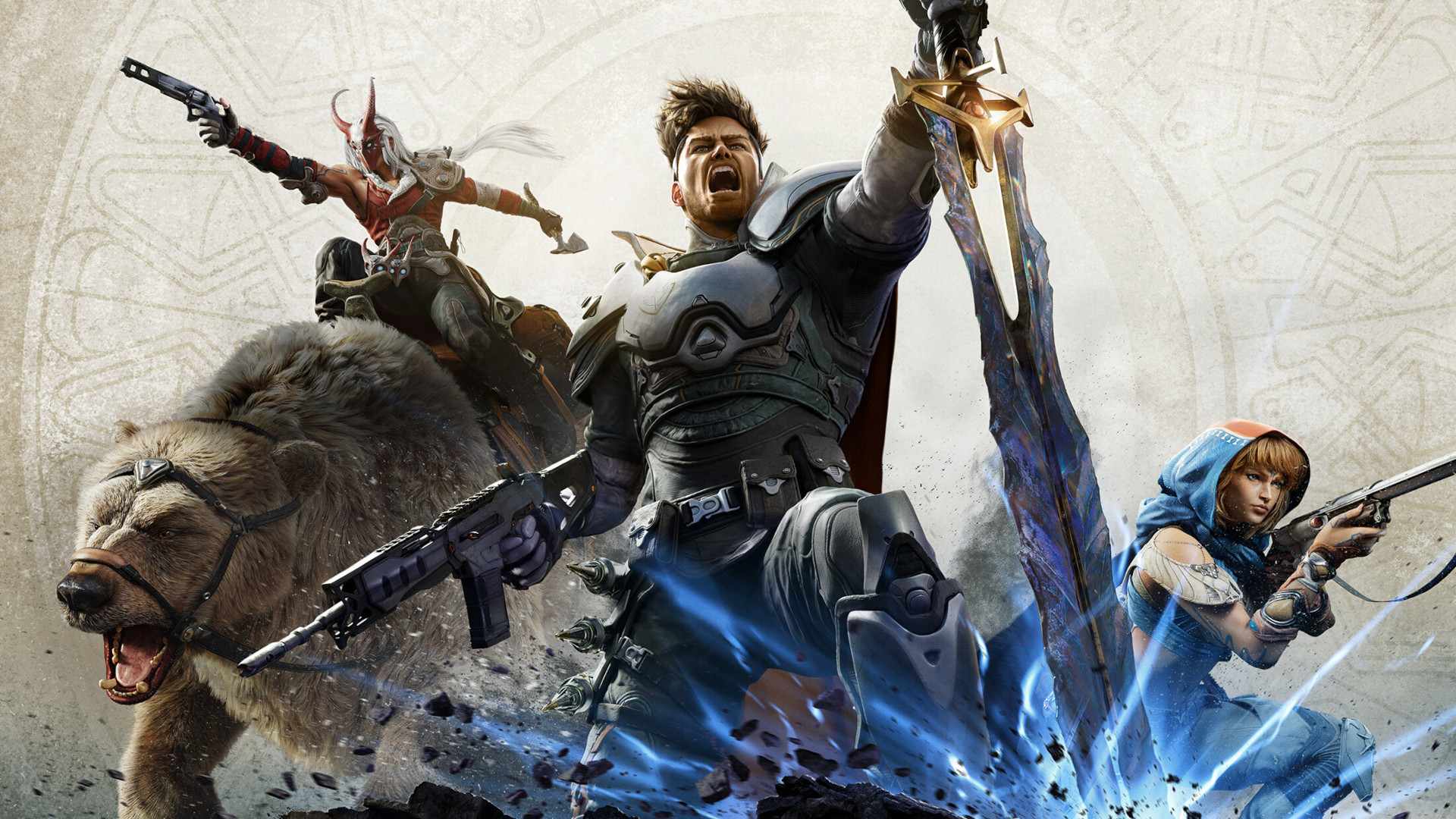 Key art for Highguard showing Kai riding a bear, Atticus with the Shieldbreaker, and Scarlet, crouched, aiming down sights