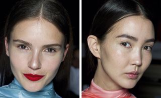 The model's lips at Thomas Tait were either painted a deep matte red, or a glossy natural pink, while the long, straight hair was sleekly centre-parted