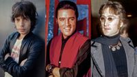 (left to right) Mick Jagger, Elvis Presley, John Lennon