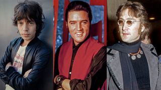 (left to right) Mick Jagger, Elvis Presley, John Lennon