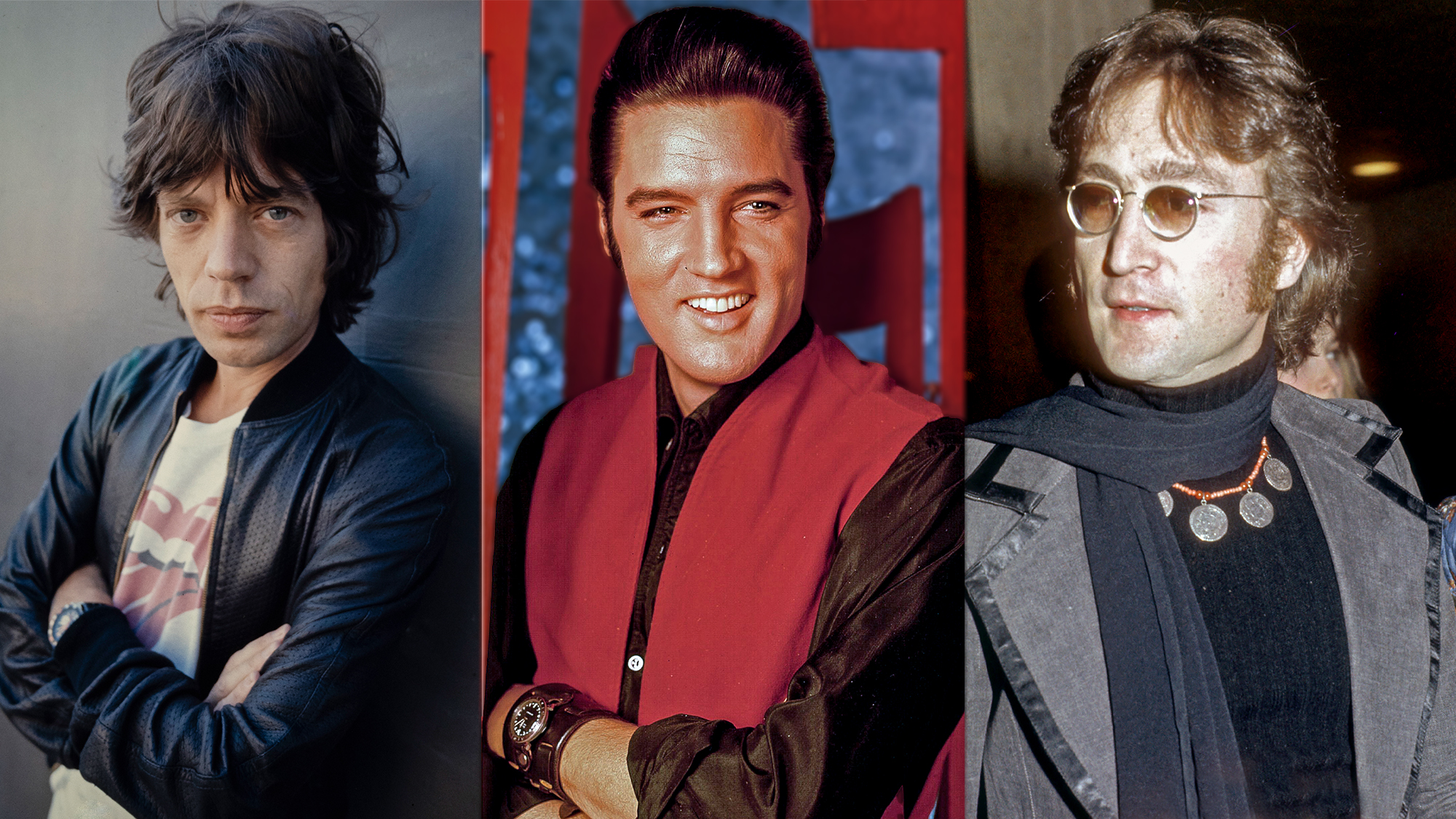 (left to right) Mick Jagger, Elvis Presley, John Lennon