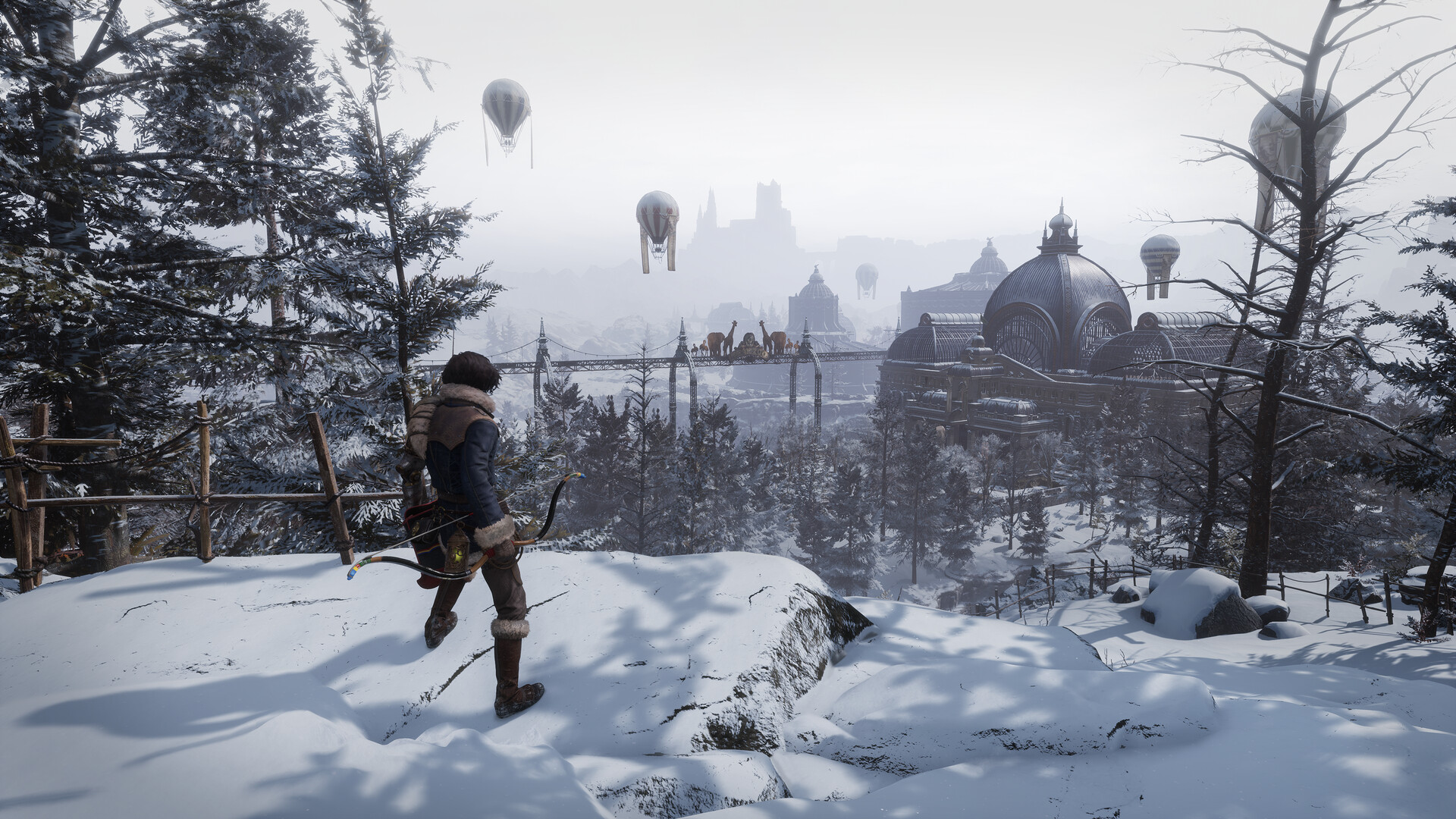 Lies of P Overture screenshot showing the game's protagonist holding a bow and arrow in a snow-covered environment
