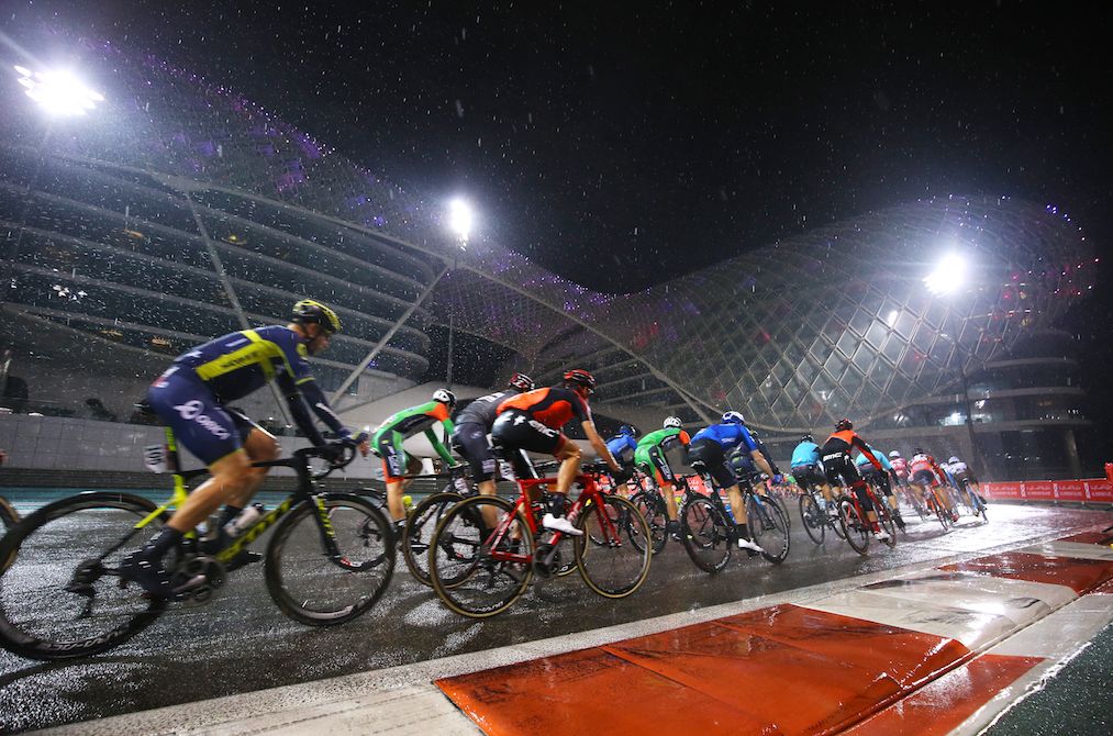 A rare rainstorm made for slick roads on stage 4 of the Abu Dhabi Tour.