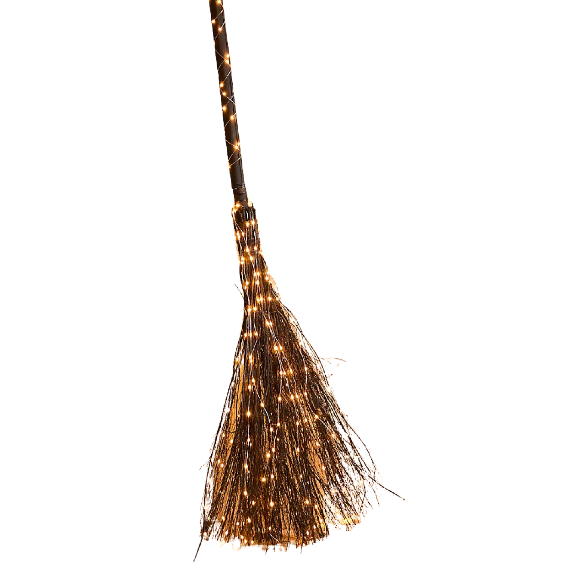 a broom made with woven rattan and string lights