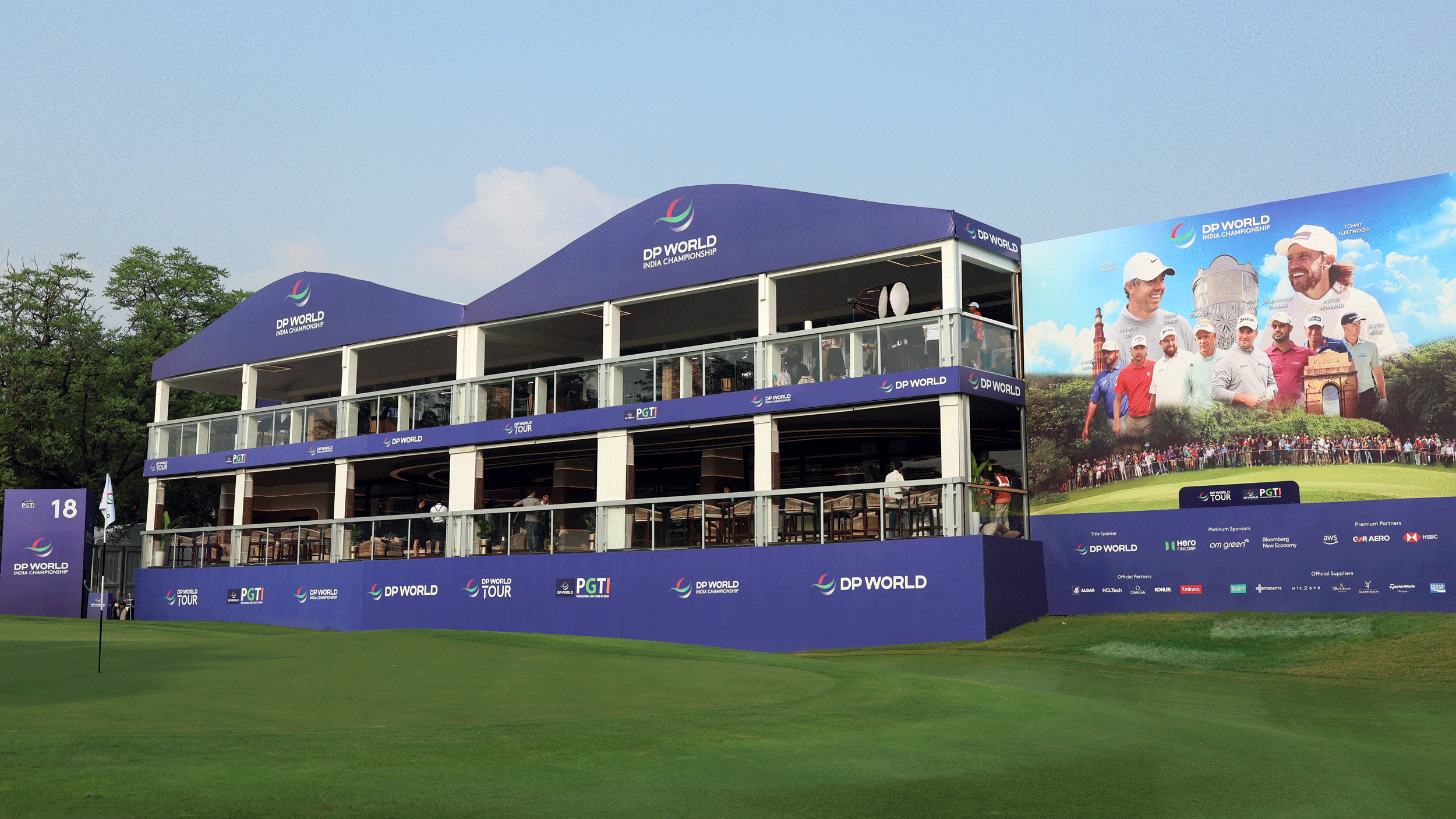 A general view of the hospitality stands near the 18th green at Delhi Golf Club in preparation for the 2026 DP World India Championship