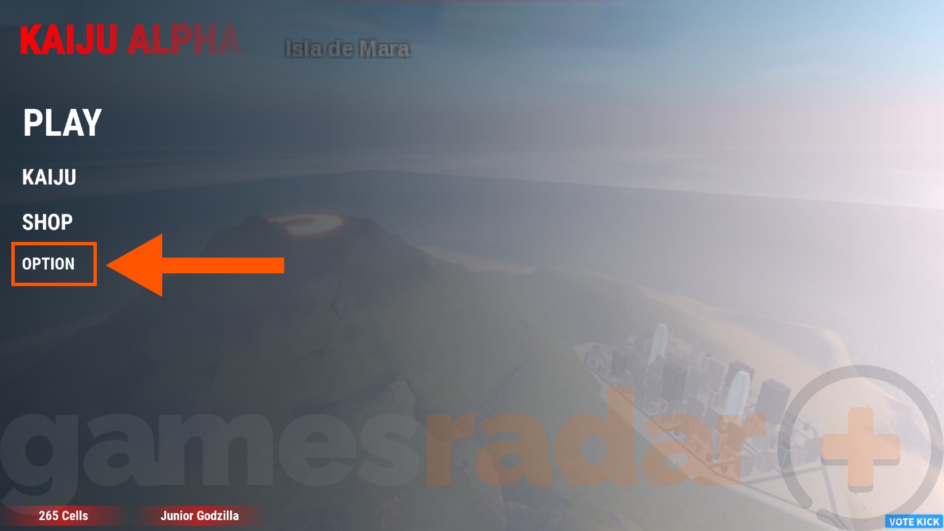 An orange arrow points to the Options button in the main menu, where you can redeem Kaiju Alpha codes.