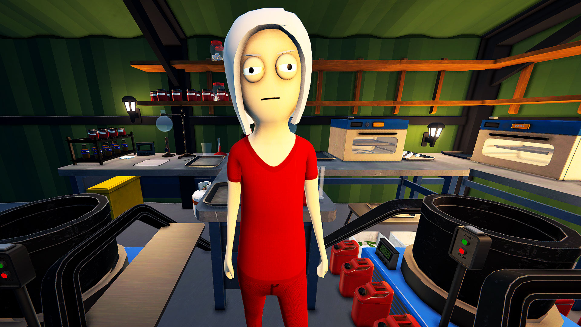Schedule 1 player character wearing red and standing in their warehouse lab