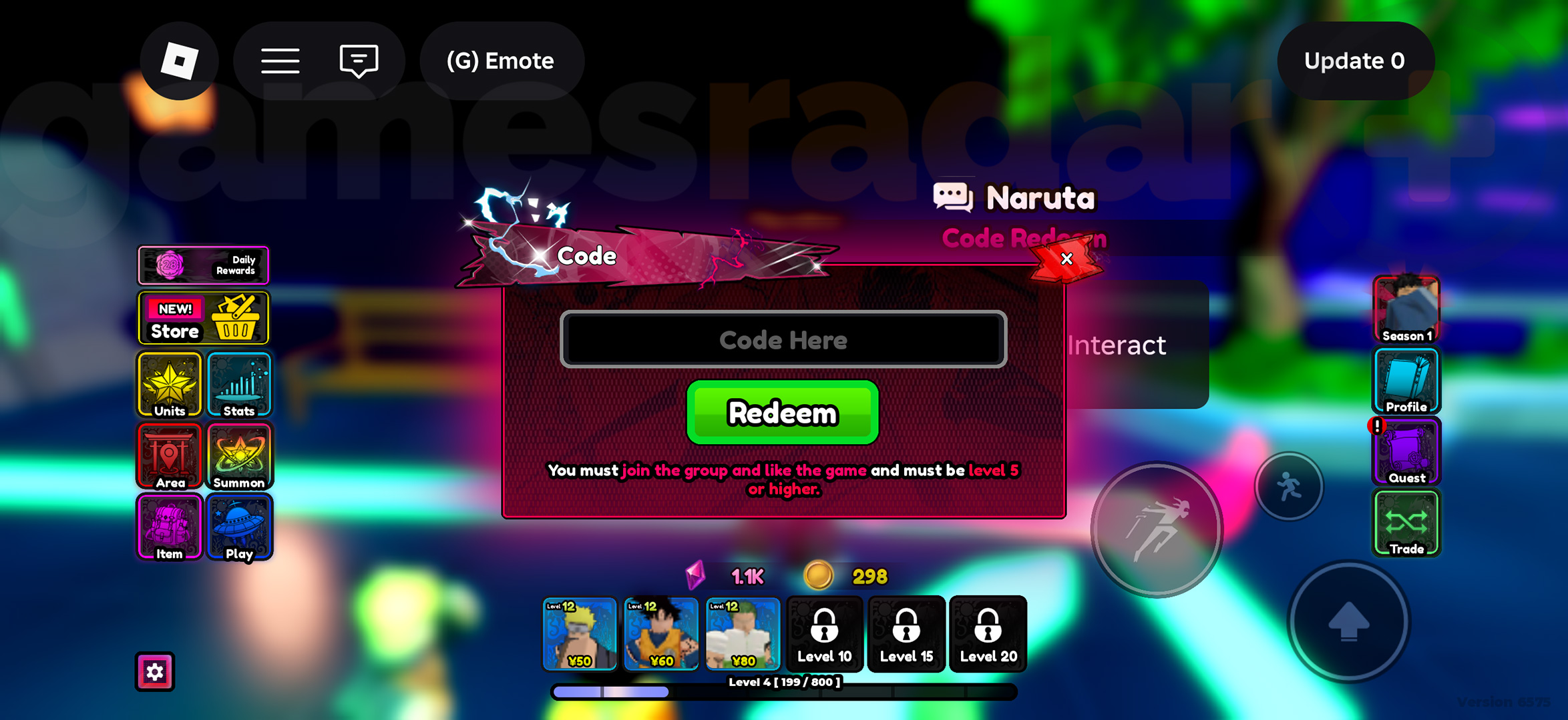 The menu accessed by interacting with Naruta in the lobby used to redeem Anime Mysterious codes