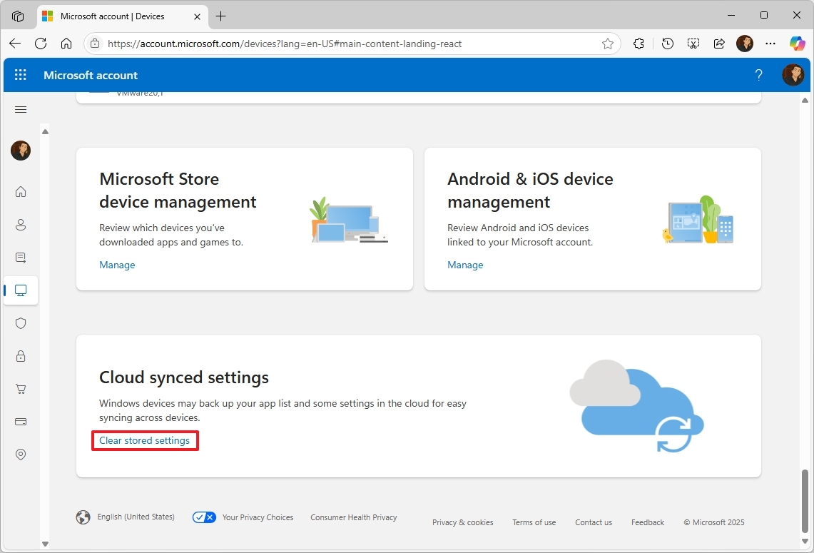 Microsoft account clear stored data