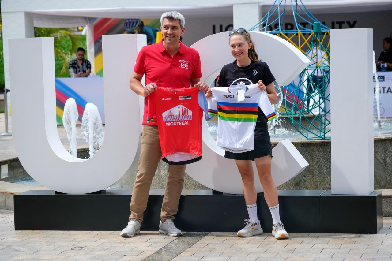Joseph Limare, general manager of the UCI Road World Championships in Montreal with world champion Magdeleine Vallieres Mill