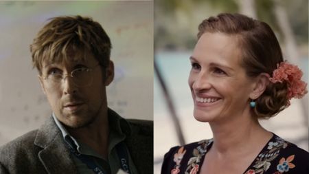 Ryan Gosling wearing a blazer in Project Hail Mary and Julia Roberts smiling with a flower in her hair for Ticket to Paradise. 