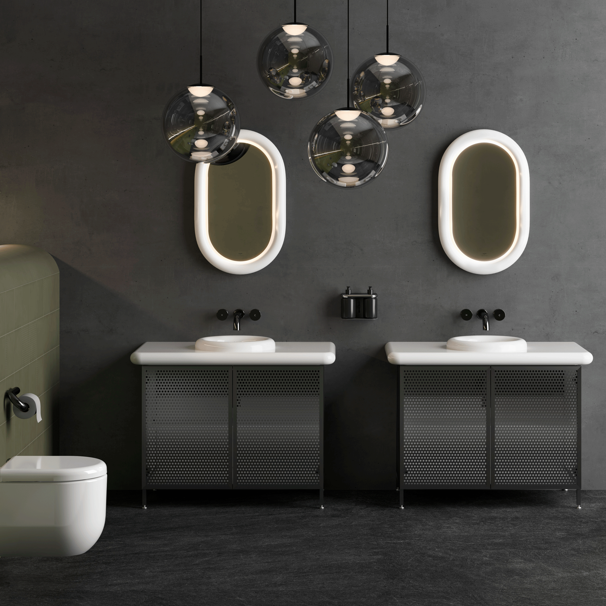 Double bathroom vanity unit. with oval mirrors