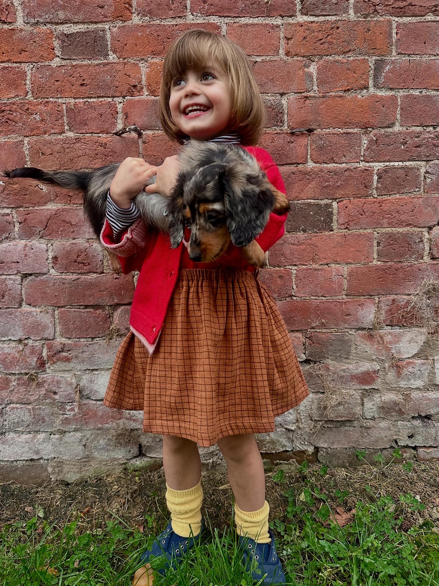 Small girl in a red cardigan and brown skirt holding a sausage dog