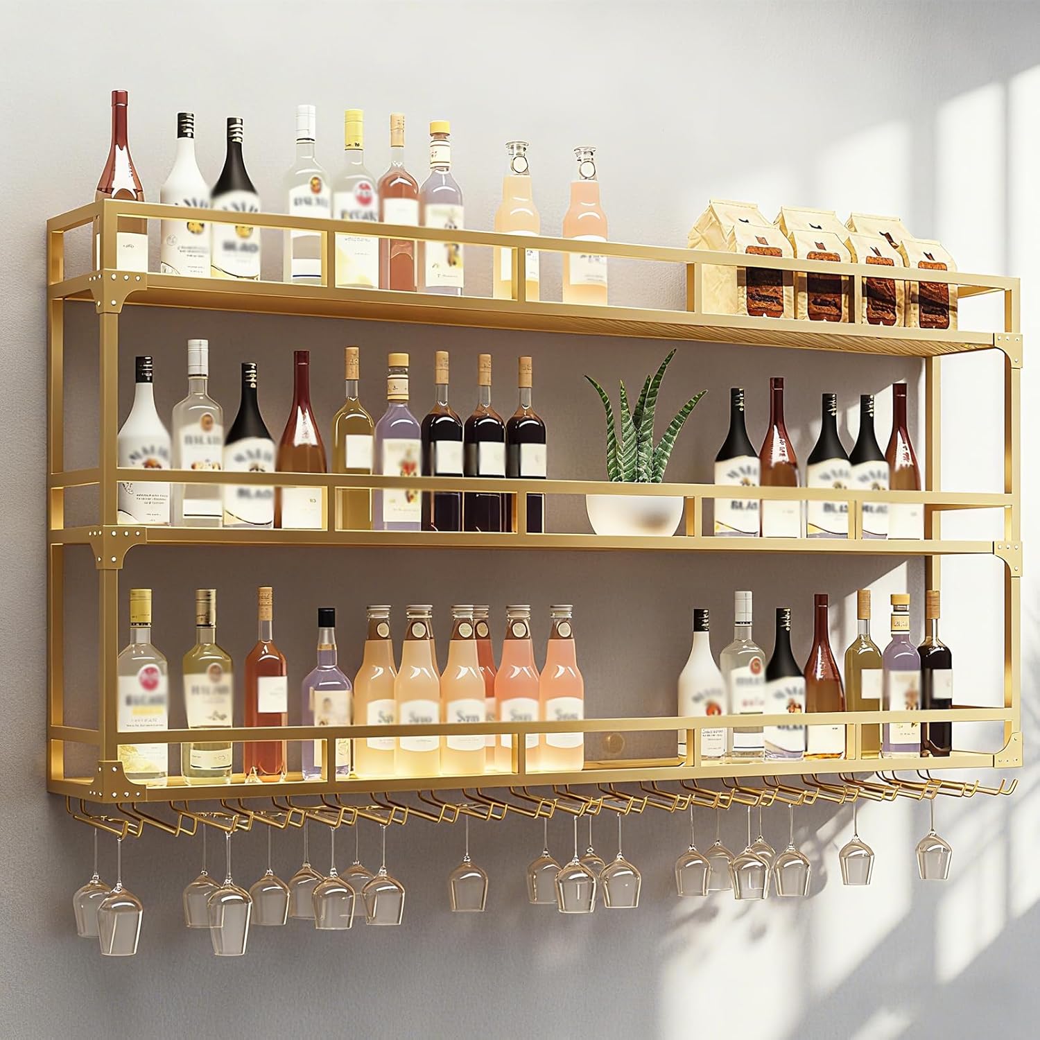 Amhricho Wall Mounted Wine Rack, Wine Rack Wall Mounted With Wine Glass Rack, Metal Bar Bottle Display Shelf Wine Cups Hanging Holder, for Home Bar Cafe Dining Room Decoration (gold, 120 * 25 * 90cm)