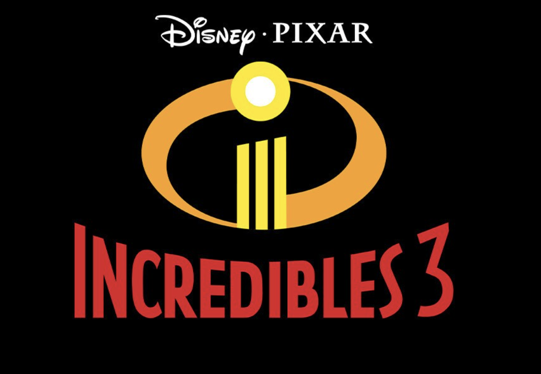 The Incredibles 3 title card on black, showing the film&amp;rsquo;s orange and yellow &amp;ldquo;i&amp;rdquo; emblem with three vertical bars inside it, beneath the Disney Pixar logo and above the title in red lettering.
