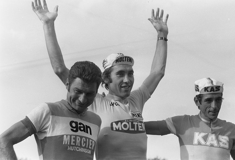 Eddy Merckx on the top step of the podium at the 1974 Tour de France