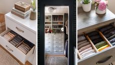 Three images of organized dressers. Left and right one are open drawers with folding clothes with two dividers middle one is view of walk in closet