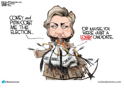 Political Cartoon U.S. Hillary Clinton blame Comey Putin election loss