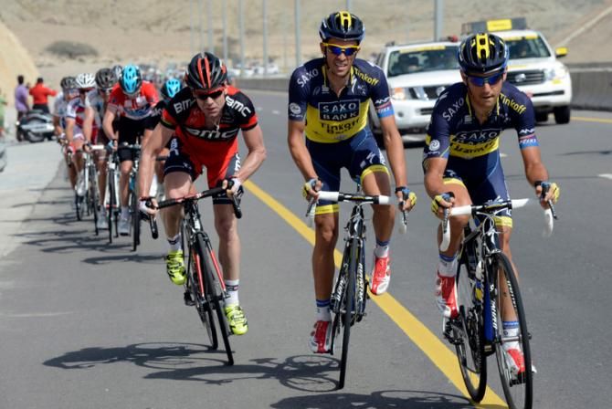 BMC's Cadel Evans attempts to follow the pace set by Saxo-Tinkoff's Jesus Hernandez with Alberto Contador on the wheel of his teammate