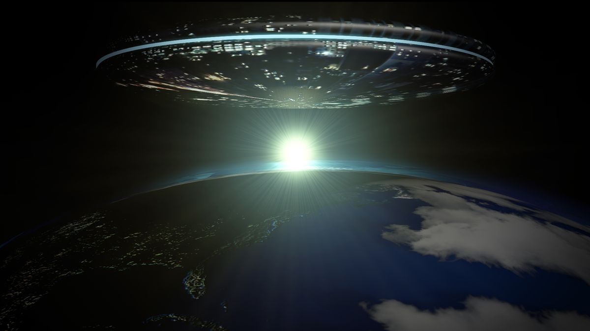 artist&#039;s impression of an alien spaceship near Earth