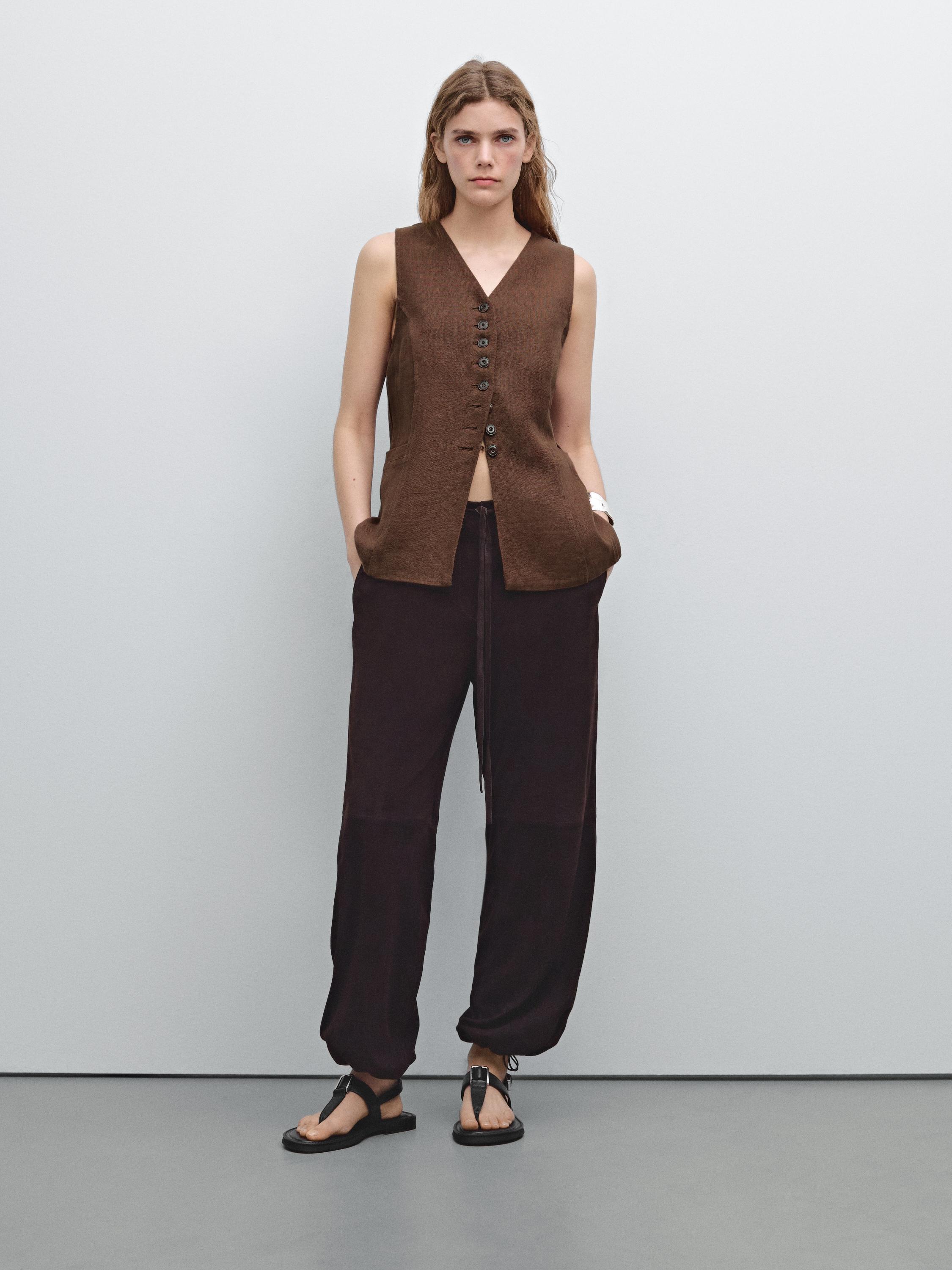 Massimo Dutti, Long Waistcoat With Linen Fabric Detail
