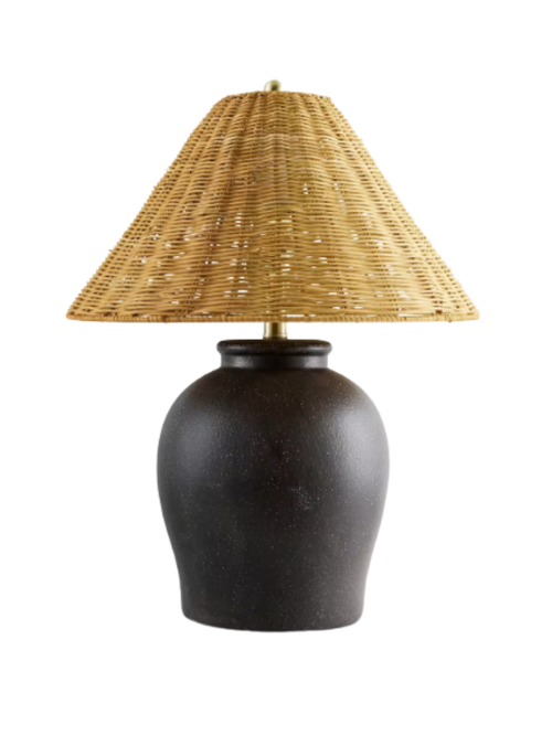 Artisan Ceramic Table Lamp With Rattan Shade