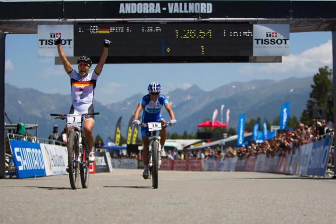 Sabine Spitz (Sabine Spitz Haibike Pro Team) wins the elite women's World Cup in Vallnord