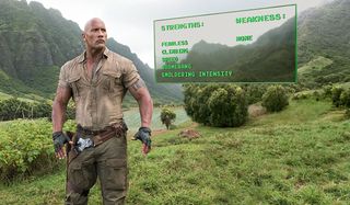 The Rock with a list of strengths and weaknesses in Jumanji.