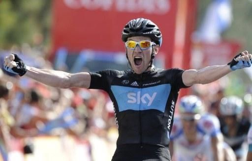 Chris Sutton (Sky) rockets to victory on stage two of the Vuelta a Espana.