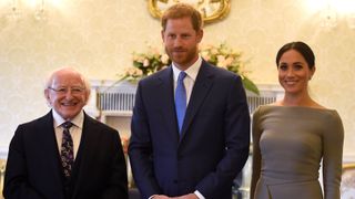 dublin, ireland july 11 prince harry, duke of sussex and meghan, duchess of sussex meet irelands president, michael higgins l at aras an uachtarain during day two of their visit to ireland on july 11, 2018 in dublin, ireland photo by clodagh kilcoyne wpa poolgetty images