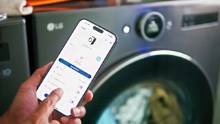 ThinQ app on iPhone used to turn on LG ThinQ Front Load Washer.