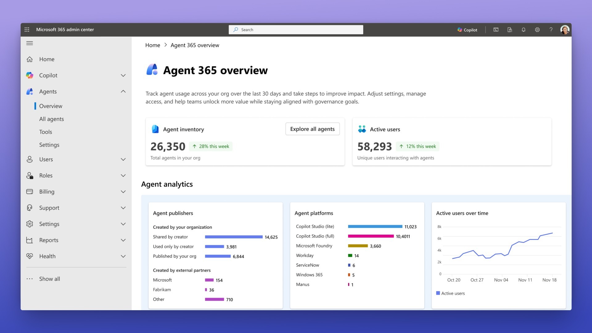 Microsoft 365 Agent summary page