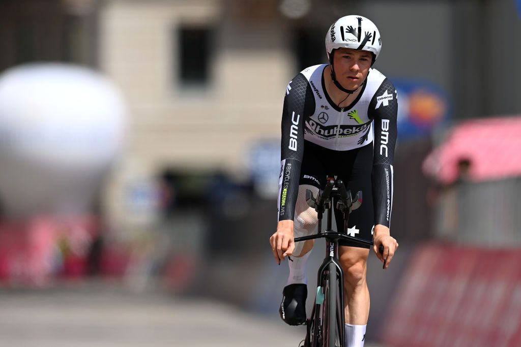 MILAN ITALY MAY 30 Mauro Schmid of Switzerland and Team Qhubeka Assos at arrival during the 104th Giro dItalia 2021 Stage 21 a 303km Individual Time Trial stage from Senago to Milano ITT UCIworldtour girodiitalia Giro on May 30 2021 in Milan Italy Photo by Stuart FranklinGetty Images