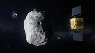 An artist's depiction of Europe's Hera mission at the binary asteroid Didymos.