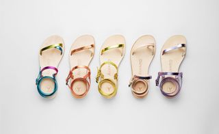 A selection of five colourful metallic sandals