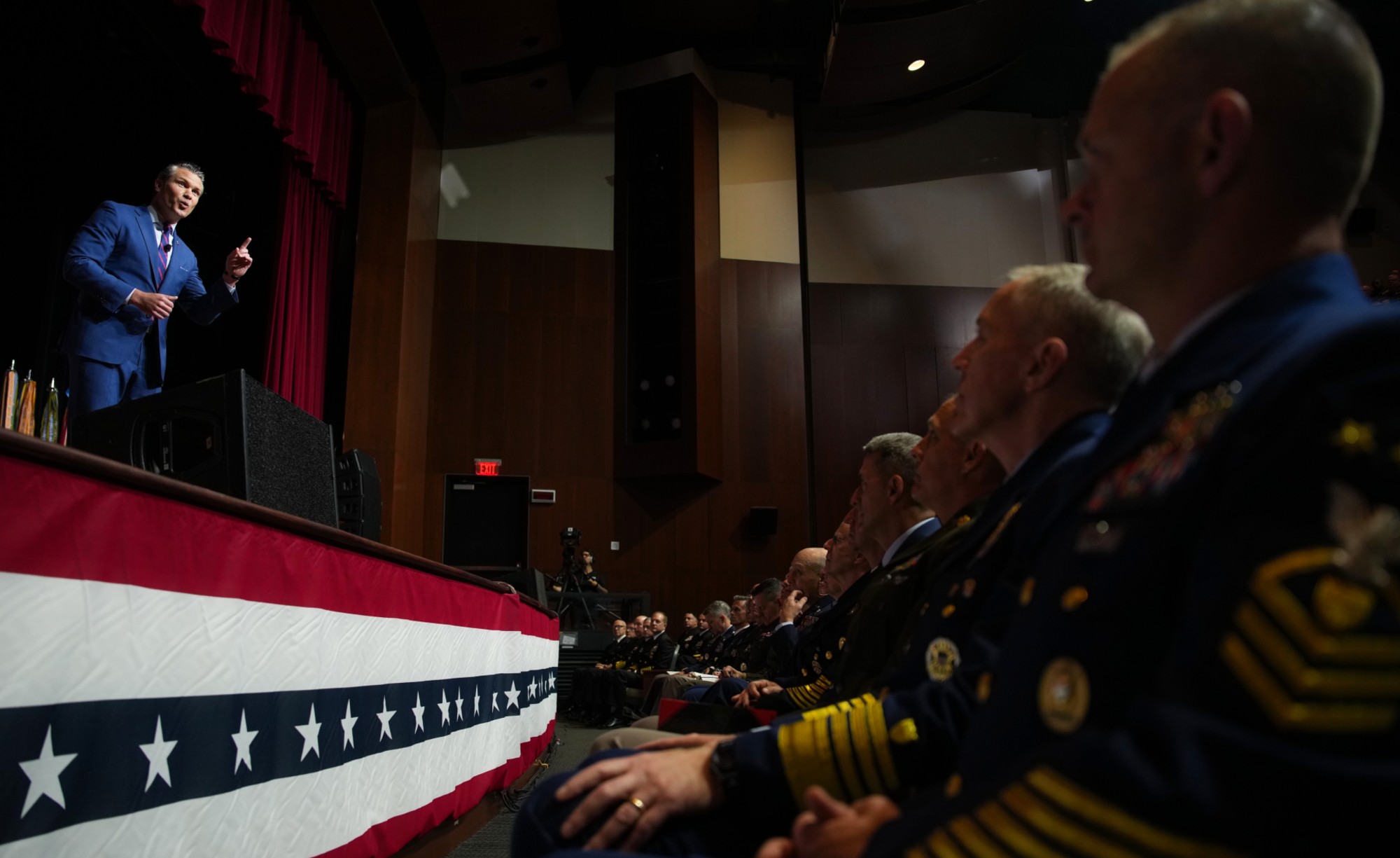 QUANTICO, VIRGINIA - SEPTEMBER 30: U.S. Secretary of War Pete Hegseth speaks to senior military leaders at Marine Corps Base Quantico on September 30, 2025 in Quantico, Virginia. In an unprecedented gathering, almost 800 generals, admirals and their senior enlisted leaders have been ordered into one location from around the world on short notice. (Photo by Andrew Harnik/Getty Images)