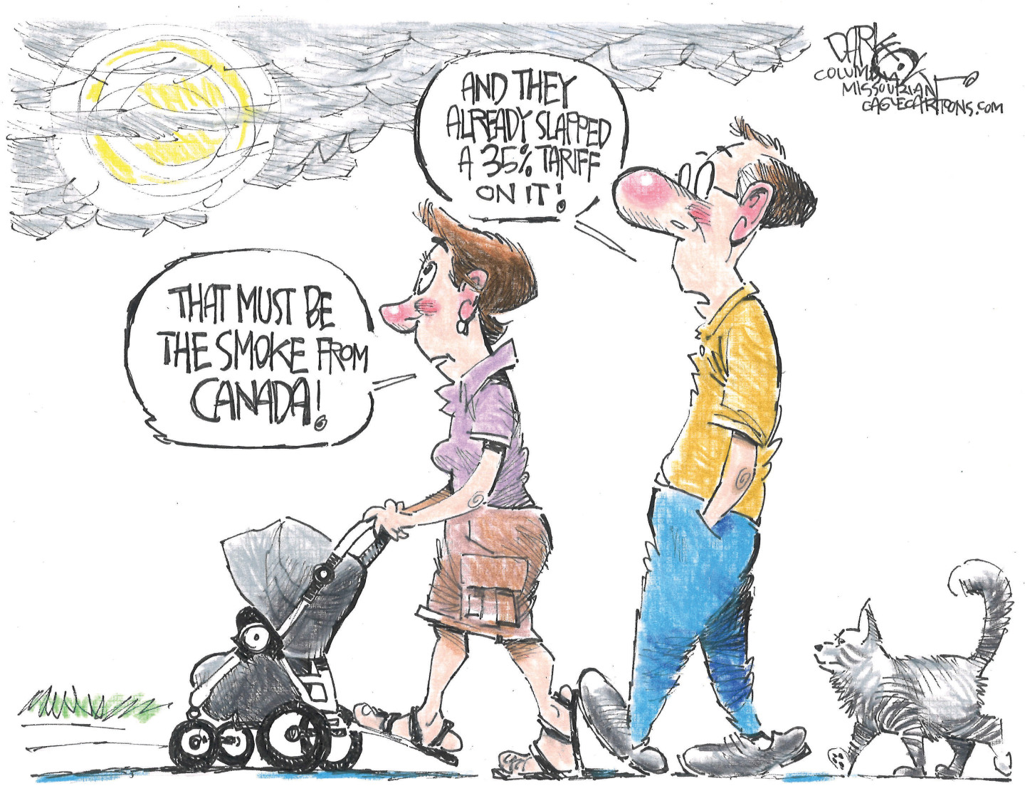 This political cartoon depicts a woman pushing a baby stroller as she walks with a man and a dog. They look up at the sun, which is obscured by smoke. The woman says, “That must be the smoke from Canada!” The man says, “And they already slapped a 35% tariff on it!”