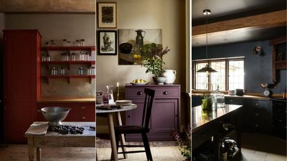 dark red kitchen cabinetry, dining room with purple dresser, dark blue kitchen