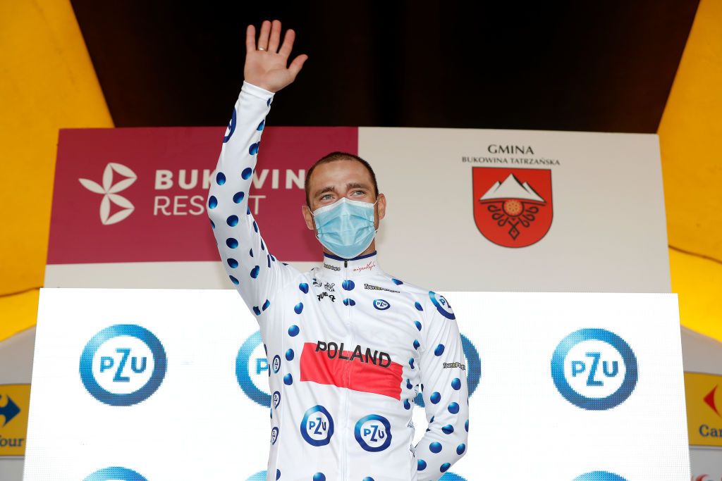 BUKOVINA RESORT POLAND AUGUST 12 Lukasz Owsian of Poland and Team Poland Reprezentacja Polski Polka Dot Mountain Jersey celebrates at Podium during the 78th Tour de Pologne 2021 Stage 4 a 160km stage from Azoty Group Tarnw to Bukovina Resort 924m TourdePologne TDP2021 UCIWT on August 12 2021 in Bukovina Resort Poland Photo by Bas CzerwinskiGetty Images
