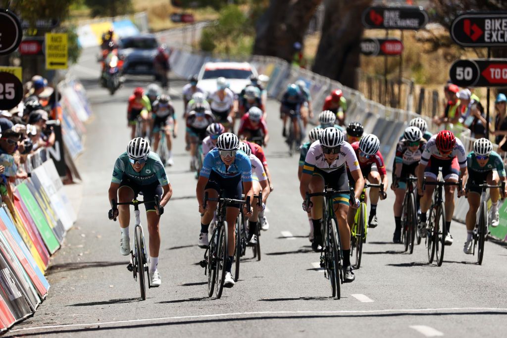 ADELAIDE, AUSTRALIA - JANUARY 22: Georgia Baker of Team Garmin Australia and Peta Mullens of Team Roxsolt Liv Sram sprint to the finish for second and third place at the Women's Bike Exchange Stage 2 from Birdwood to Lobethal of the Santos Festival of Cycling on January 22, 2021 in Adelaide, Australia. (Photo by Peter Mundy/Getty Images)