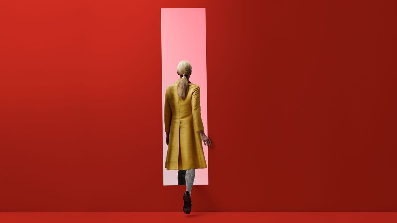 Red, Yellow, Orange, Fashion, Standing, Outerwear, Fashion design, Dress, Coat, Art, 