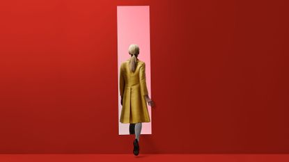 Red, Yellow, Orange, Fashion, Standing, Outerwear, Fashion design, Dress, Coat, Art, 